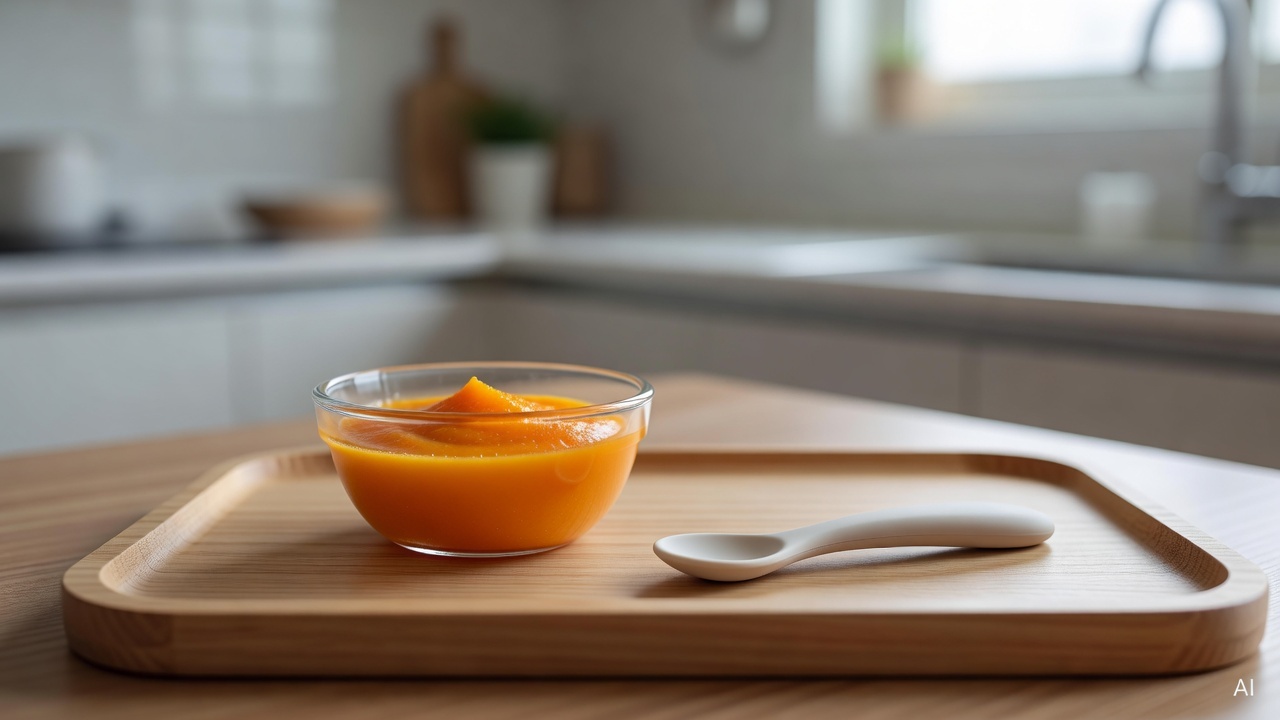 small glass bowl of pureed fruit next to a baby spoon on a wooden feeding tray
