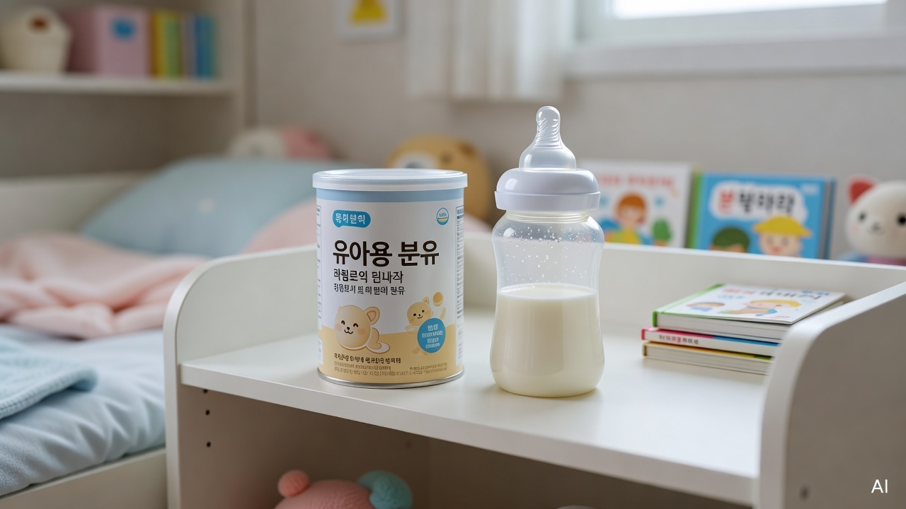 baby formula powder can and feeding bottle placed on a white nursery shelf