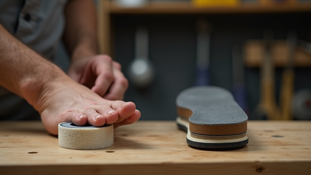 Venda antiampollas aplicada en talón junto a una plantilla ergonómica de trabajo