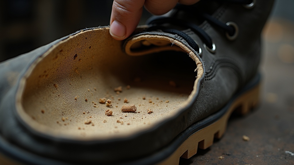 Interior desgastado de bota de trabajo con plantilla original aplastada
