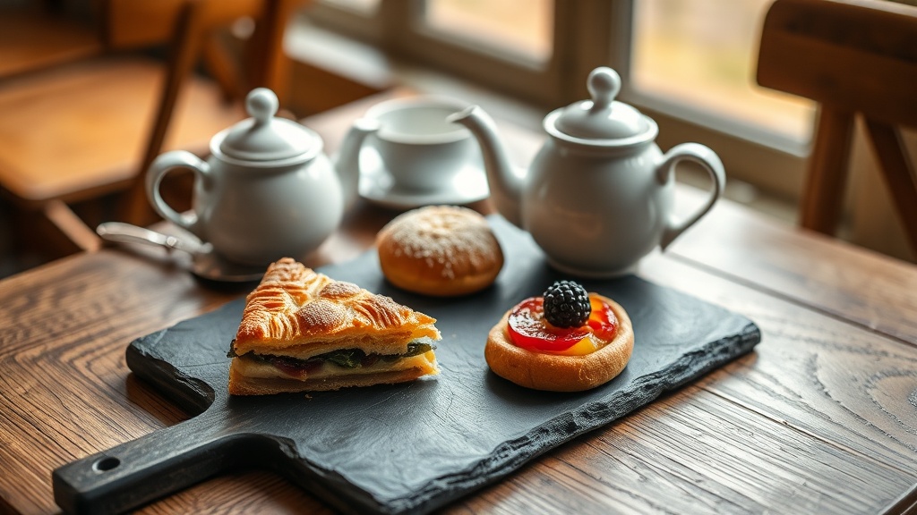 Plateau de pâtisseries maison dans un salon de thé, avec tarte aux fruits et gâteau basque