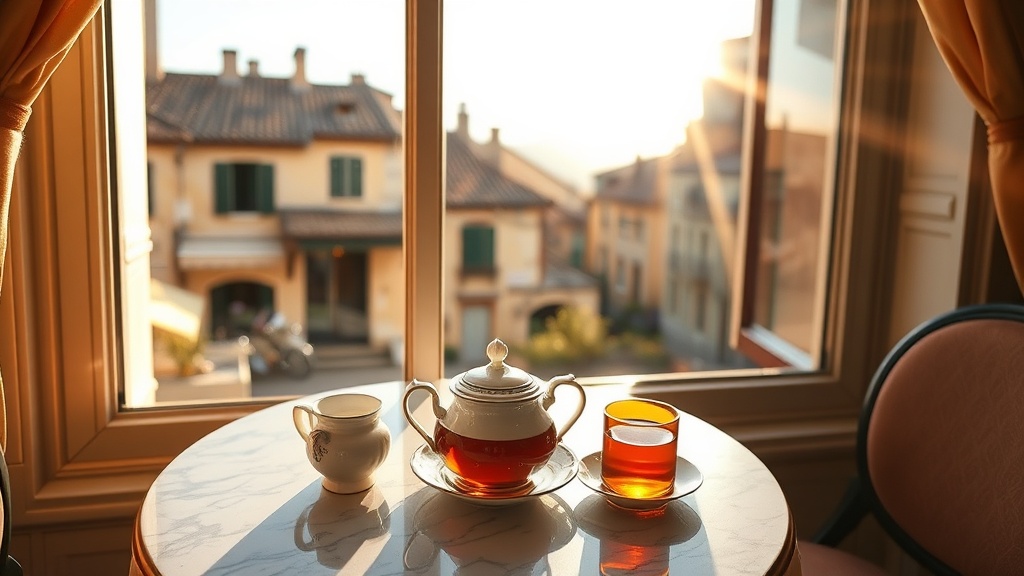 Table au bord d'une fenêtre dans un salon de thé de style béarnais avec vue sur les toits de Pau
