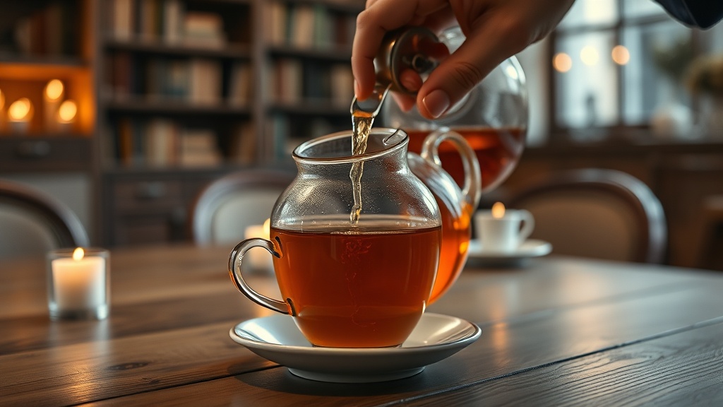 Mains versant du thé depuis une théière en verre dans une tasse en céramique, ambiance salon de thé cosy