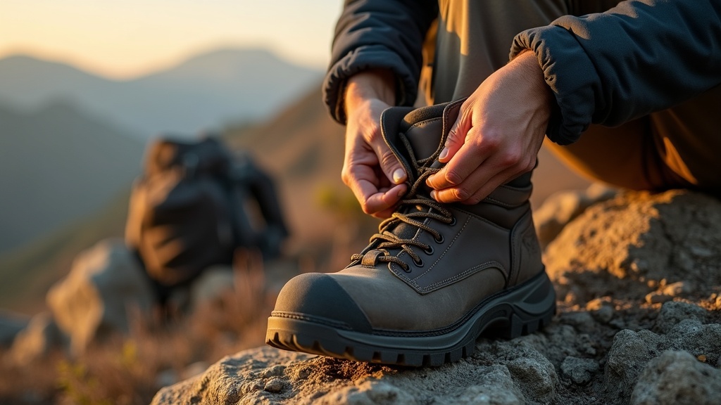 Senderista ajustando plantilla dentro de bota de trekking en montaña