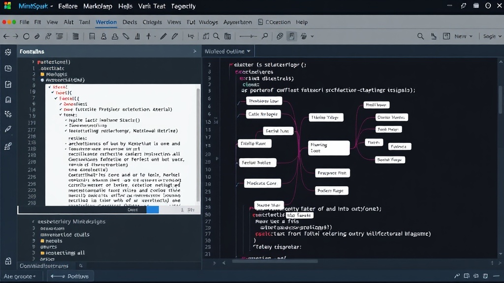 MindSpark interface showing a Markdown outline synchronized with a visual mind map
