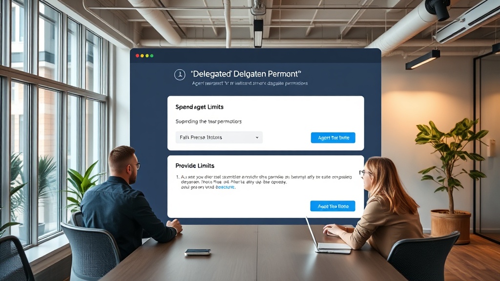 User interface illustrating a delegated permission for an AI agent with spending limits and provider restrictions