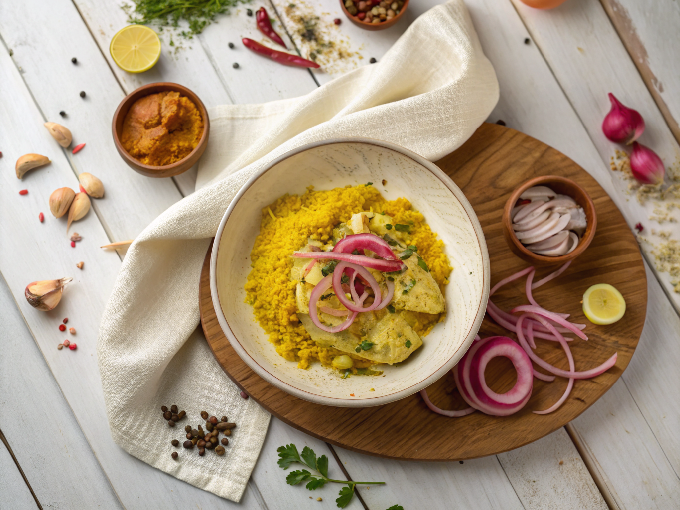 Peruvian Aji de Gallina with Saffron Rice and Pickled Red Onions