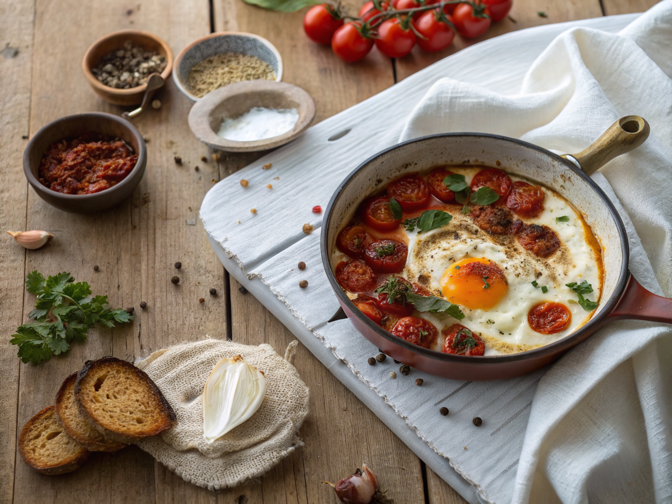 Harissa-Baked Eggs with Fire-Roasted Tomatoes and Tahini Swirl