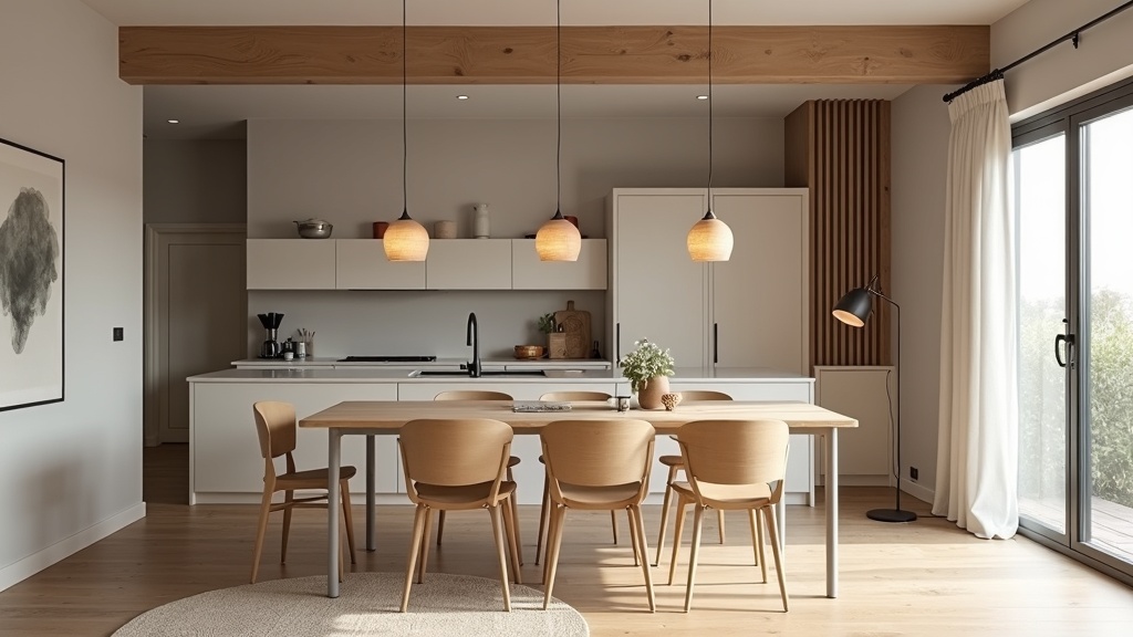 Open concept living room with layered lighting across kitchen, dining, and lounge zones