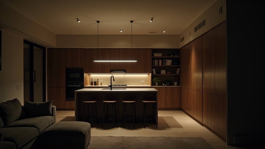 Open plan room with uneven lighting between kitchen and living areas