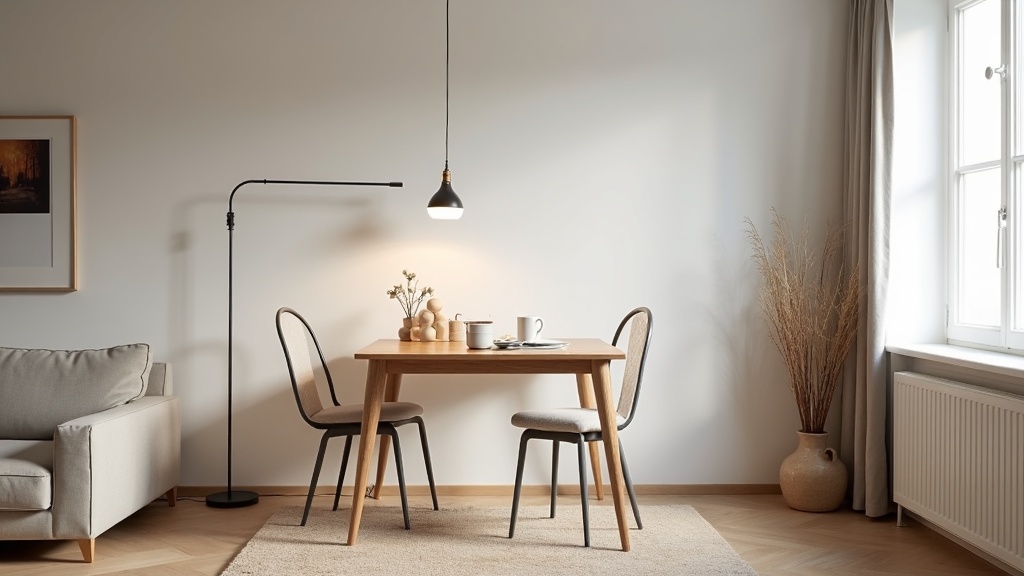 Small open concept room lit with minimal, well-placed fixtures