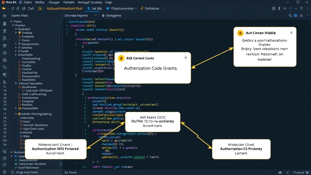 Diagram showing the complex OAuth 2.0 authorization code grant flow
