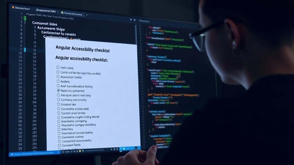 Developer reviewing code with accessibility checklist prominently displayed