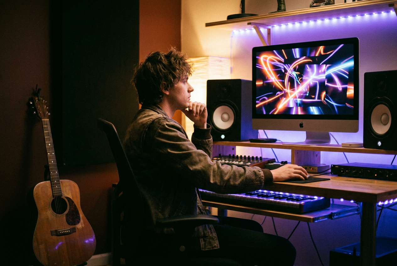 alt text: Musician in a home studio creating an AI music video on a computer screen