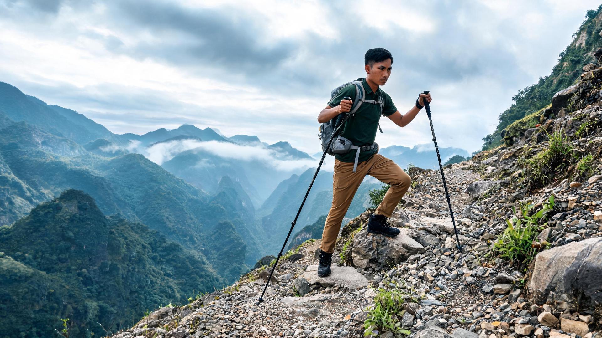 Sử dụng gậy trekking khi leo núi - hỗ trợ đường mòn dốc - ProCamping.vn