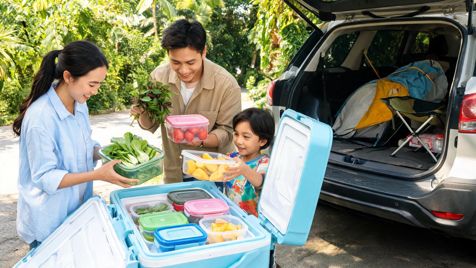 Đóng gói thực phẩm tươi và rau củ vào thùng lạnh trước chuyến cắm trại