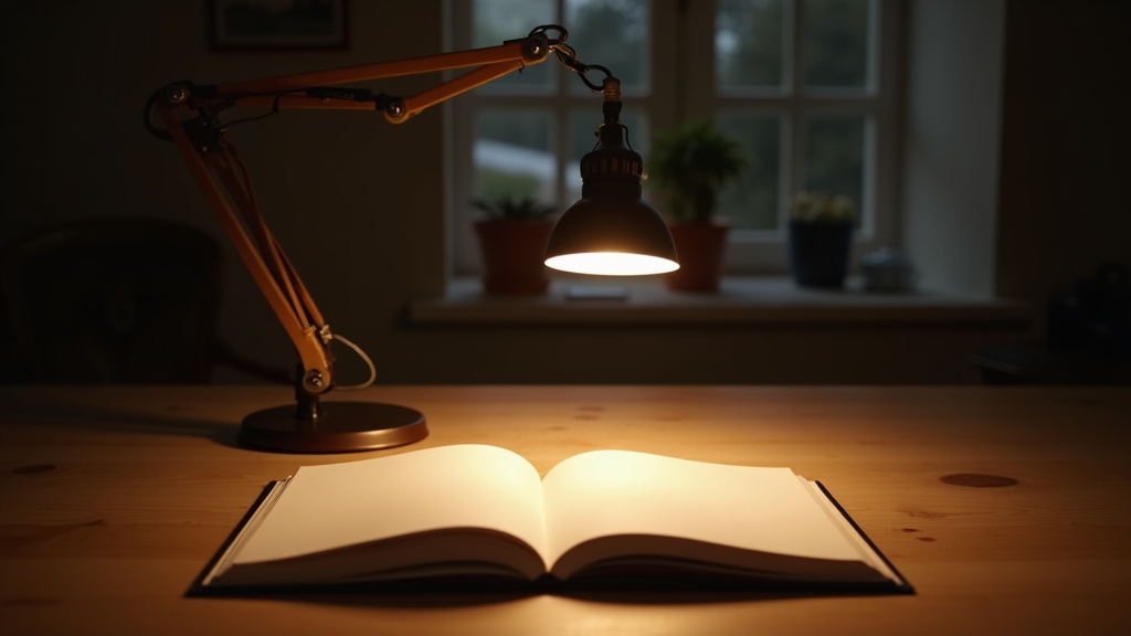 Warm LED desk lamp illuminating a sketchbook on an oak home office desk