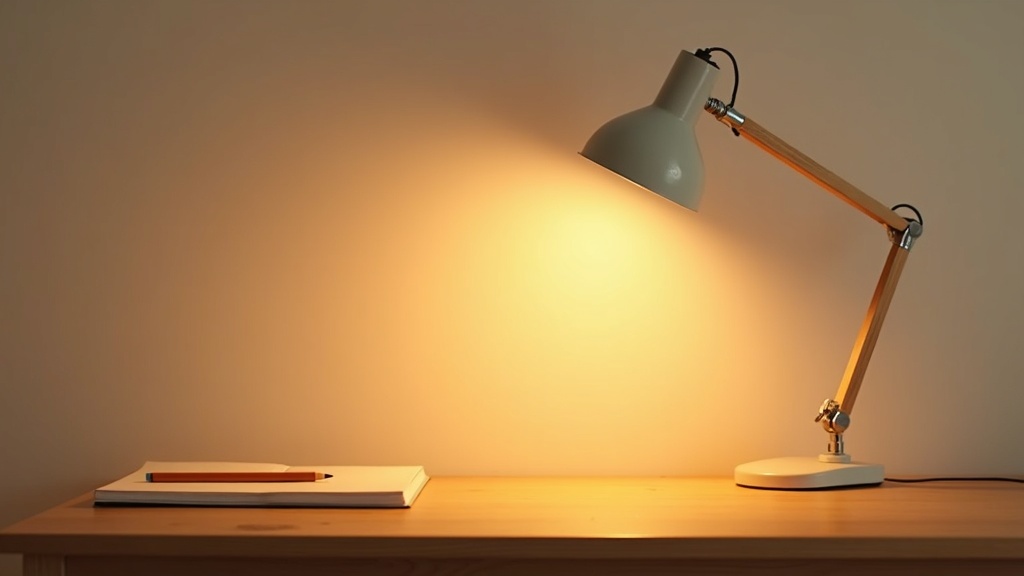 Warm desk lamp casting soft light on a minimal home office workspace