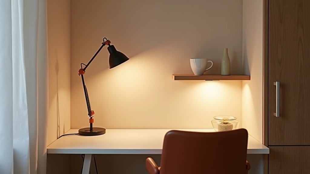 Layered lighting in a calm Scandinavian home office with three light sources