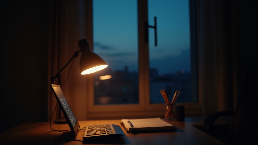 Home office at dusk showing balanced ambient and task lighting ratio