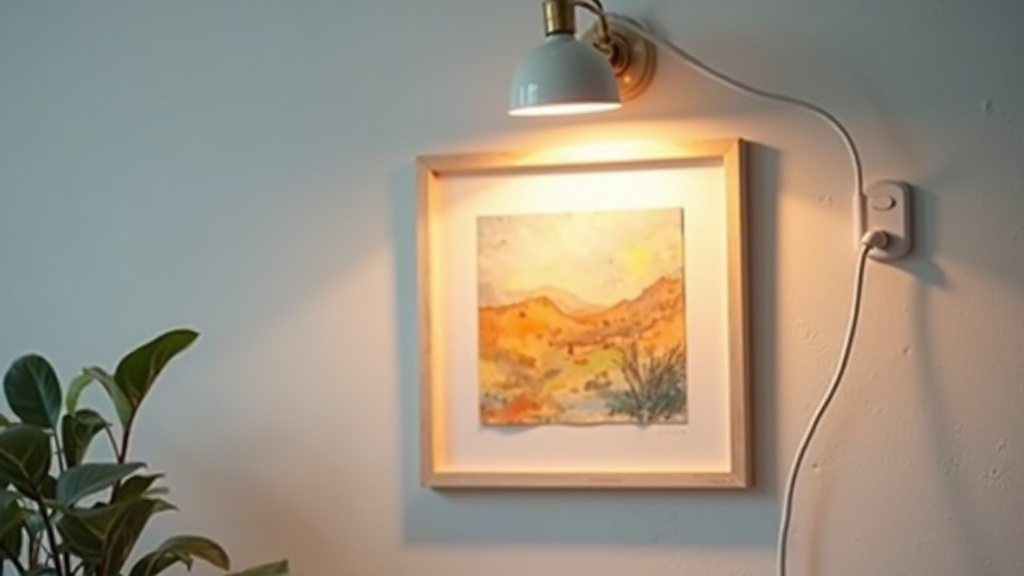 Plug-in picture light mounted above a framed watercolor, cord neatly managed