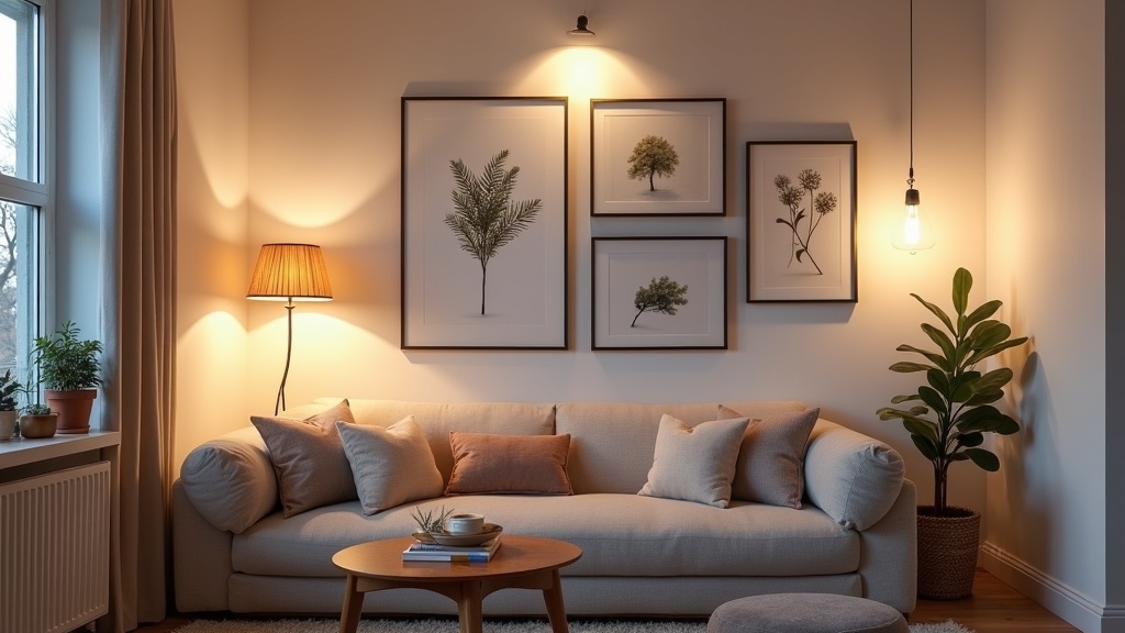 Warm accent lighting on a gallery wall in a Scandinavian living room