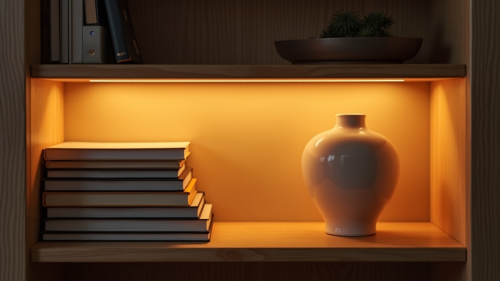 Warm LED strip lighting behind a styled living room shelf