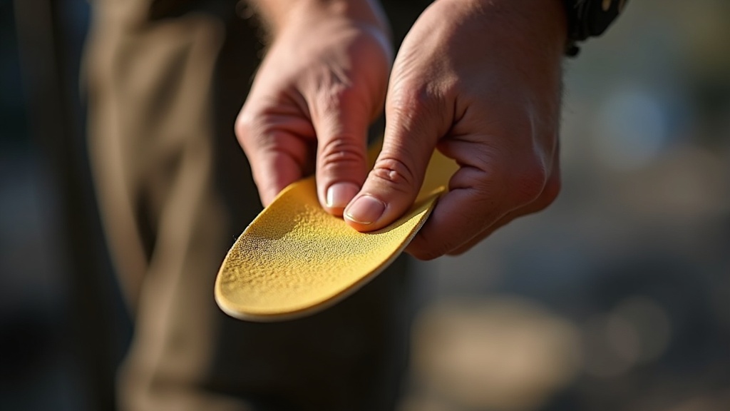 Testing work boot insole cushion rebound by pressing thumb into heel