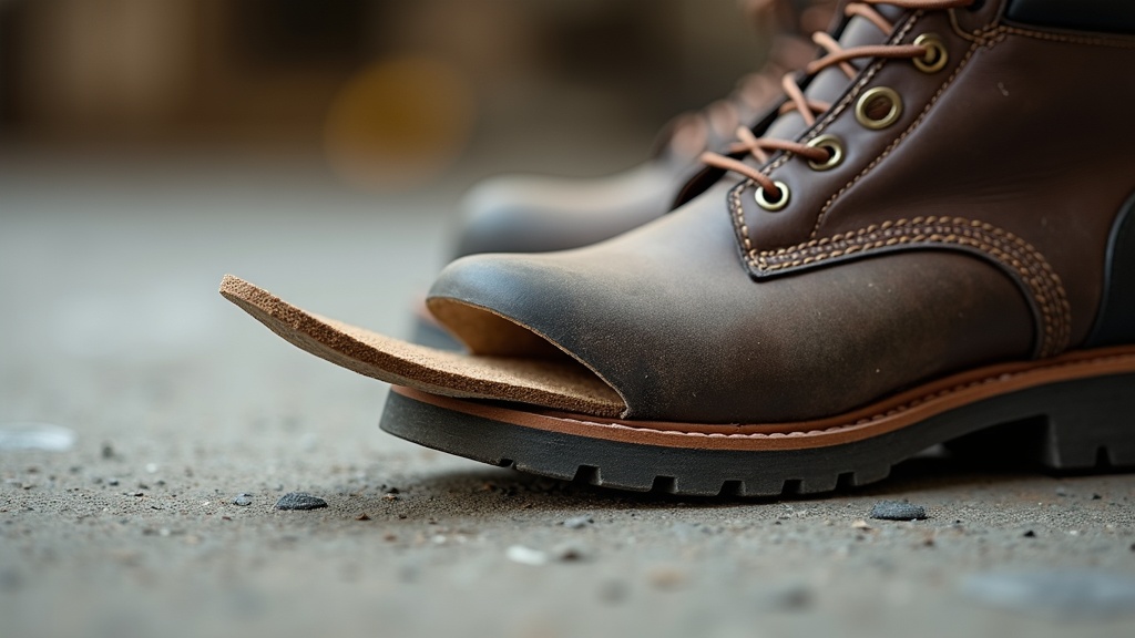 Worn work boot insole being replaced on a jobsite