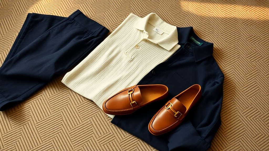 Flat lay of navy trousers, cream knit polo, and tan horsebit loafers on herringbone wool