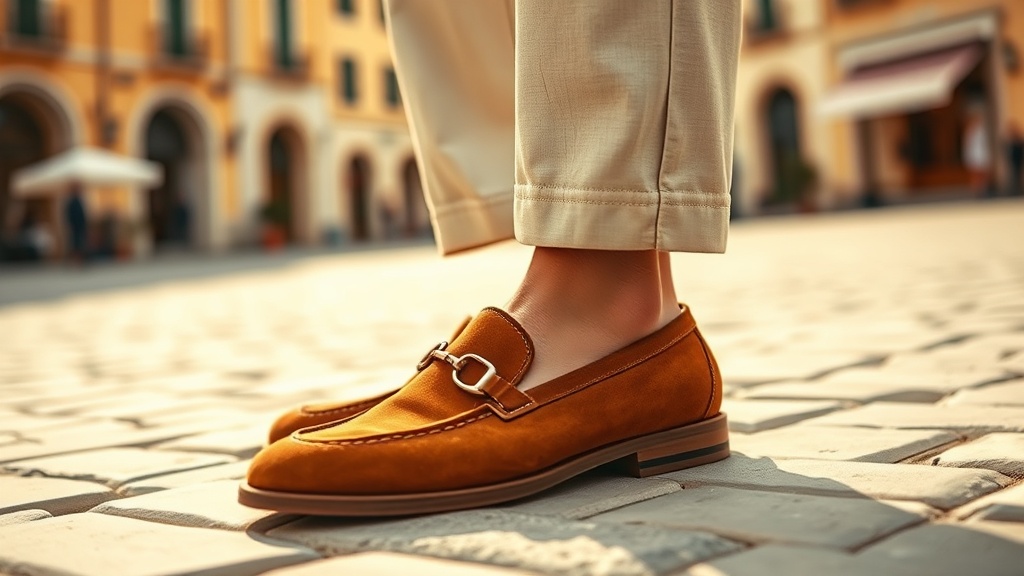 Suede horsebit loafers worn with wide-leg cream trousers on European stone pavement