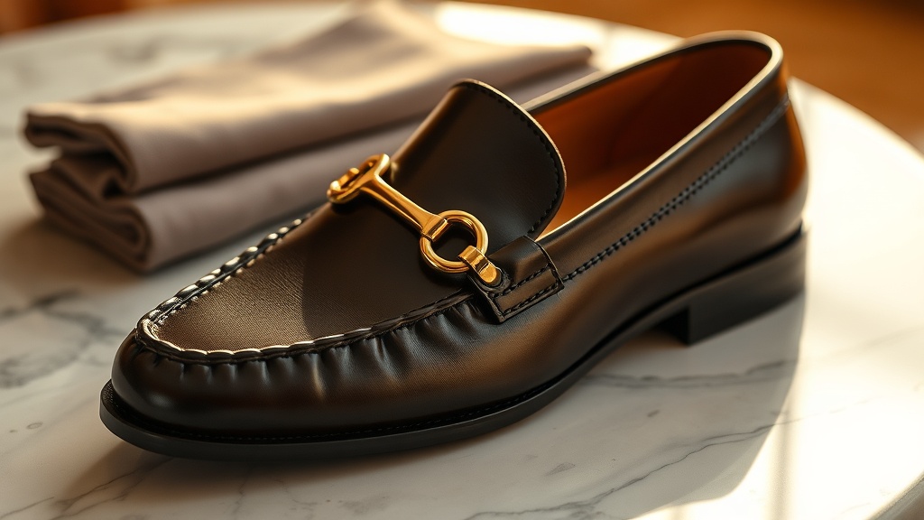 Close-up of gold horsebit hardware on a brown leather loafer, warm editorial lighting