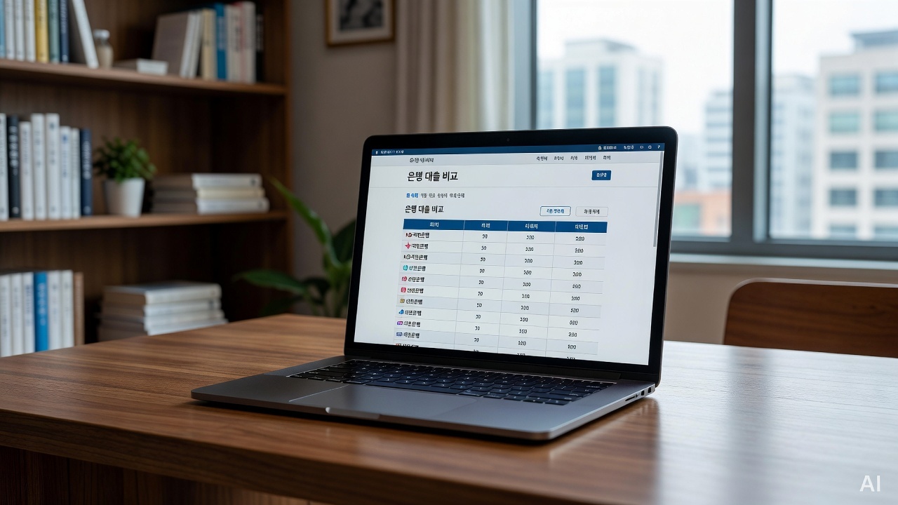 laptop screen showing bank loan comparison website on a wooden desk