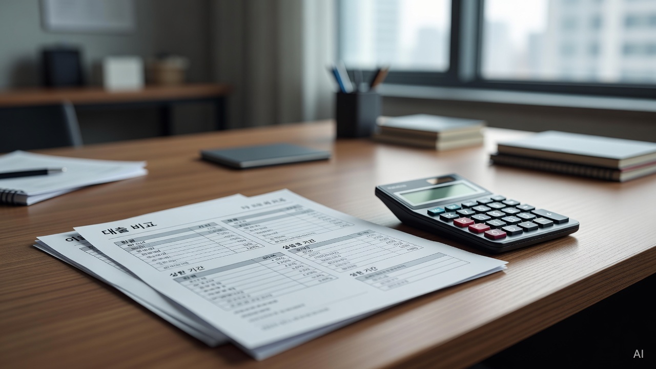 printed loan comparison documents and calculator placed on a desk