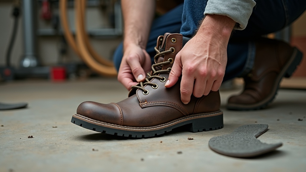 Removing factory insole from a steel-toe work boot before inserting replacement