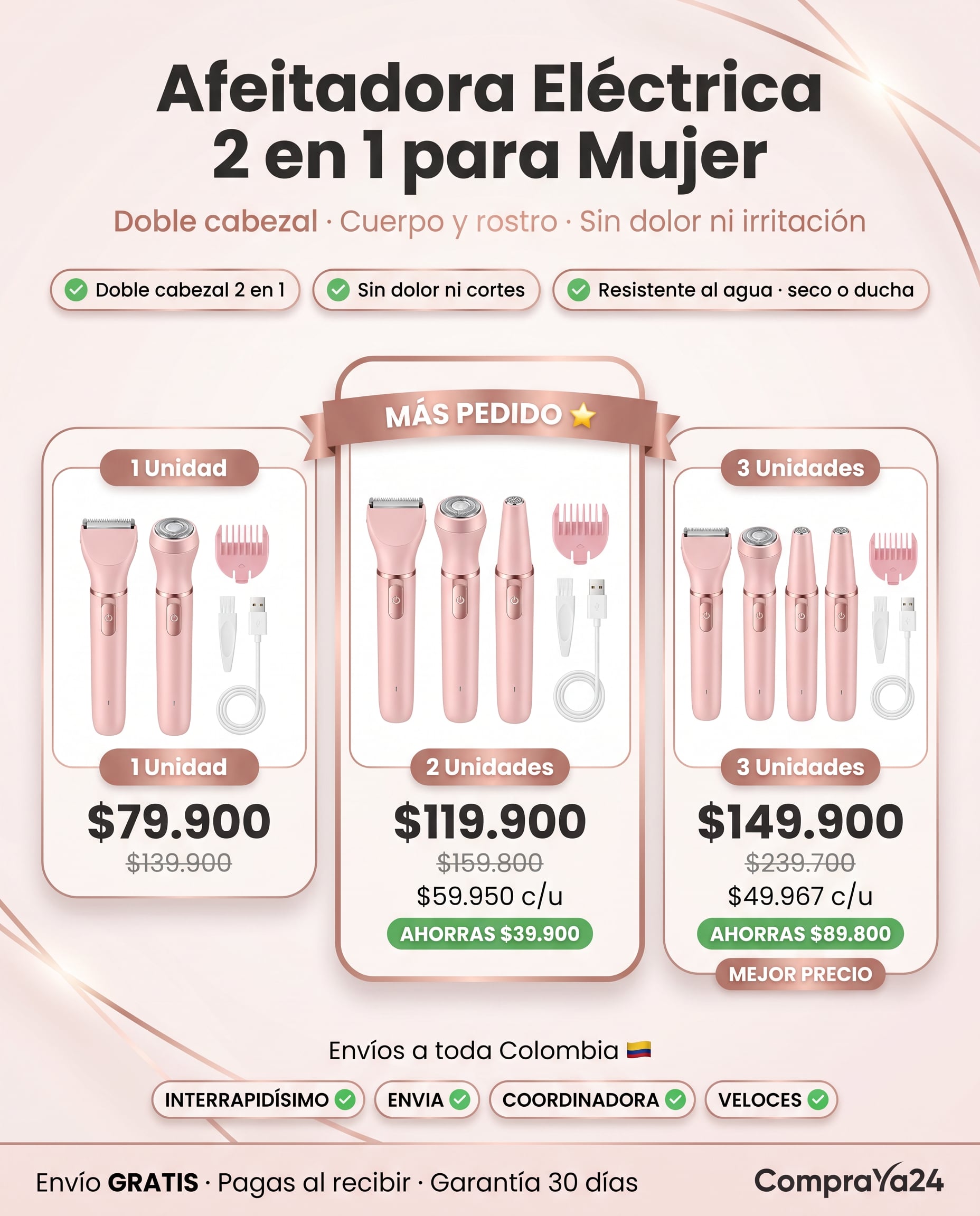 Afeitadora Eléctrica 2 en 1 para Mujer · Doble Cabezal (Cuerpo y Rostro)