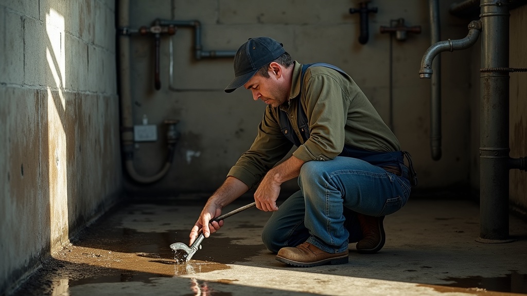 Plumber working in wet conditions on concrete floor
