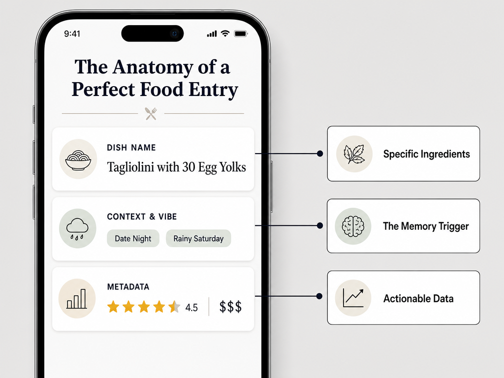 A detailed infographic showing the essential data fields for cataloging a restaurant dish, including dish name, context, and metadata.