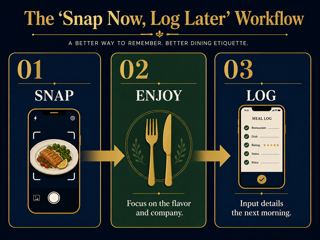 A 3-step workflow diagram for foodies illustrating the 'Snap, Enjoy, Log' method for documenting restaurant meals.