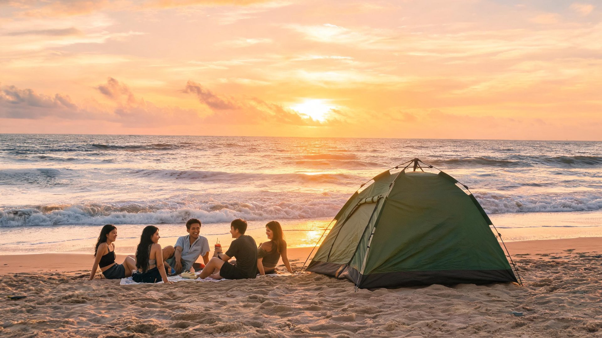Camping bãi biển Việt Nam, lều dựng gần bờ sóng lúc hoàng hôn