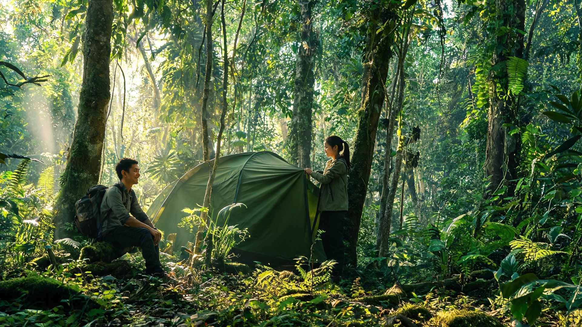 Camping trong rừng, lều dựng giữa những tán cây xanh mát