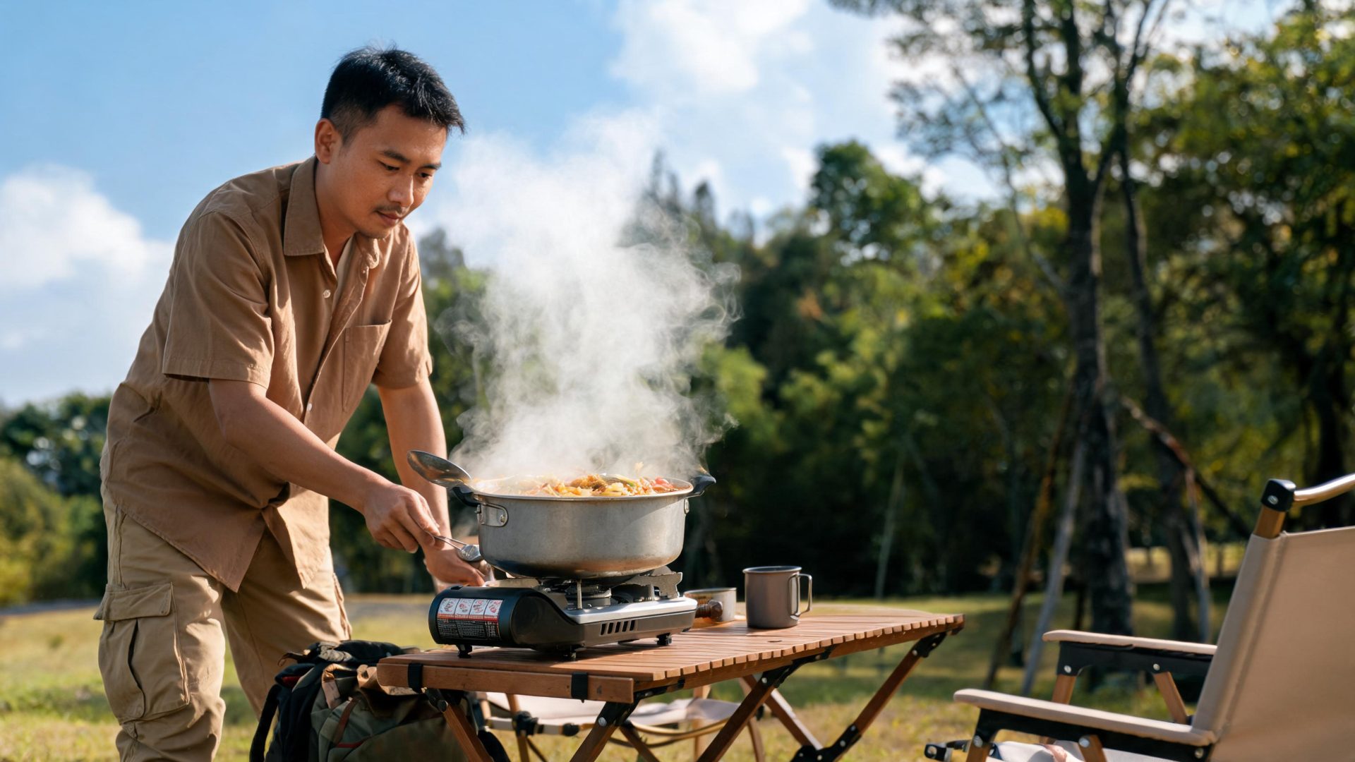 Nấu ăn đơn giản trên bếp camping một nồi tại chỗ cắm trại
