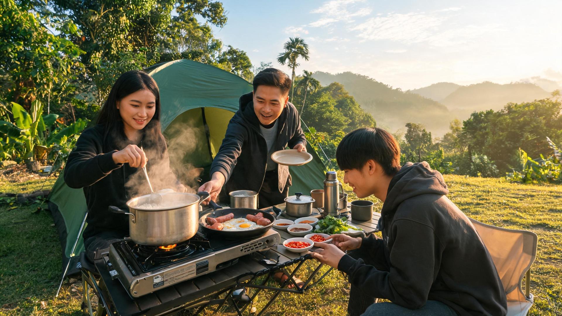 Nấu bữa sáng camping ngoài trời tại địa điểm cắm trại gần Sài Gòn