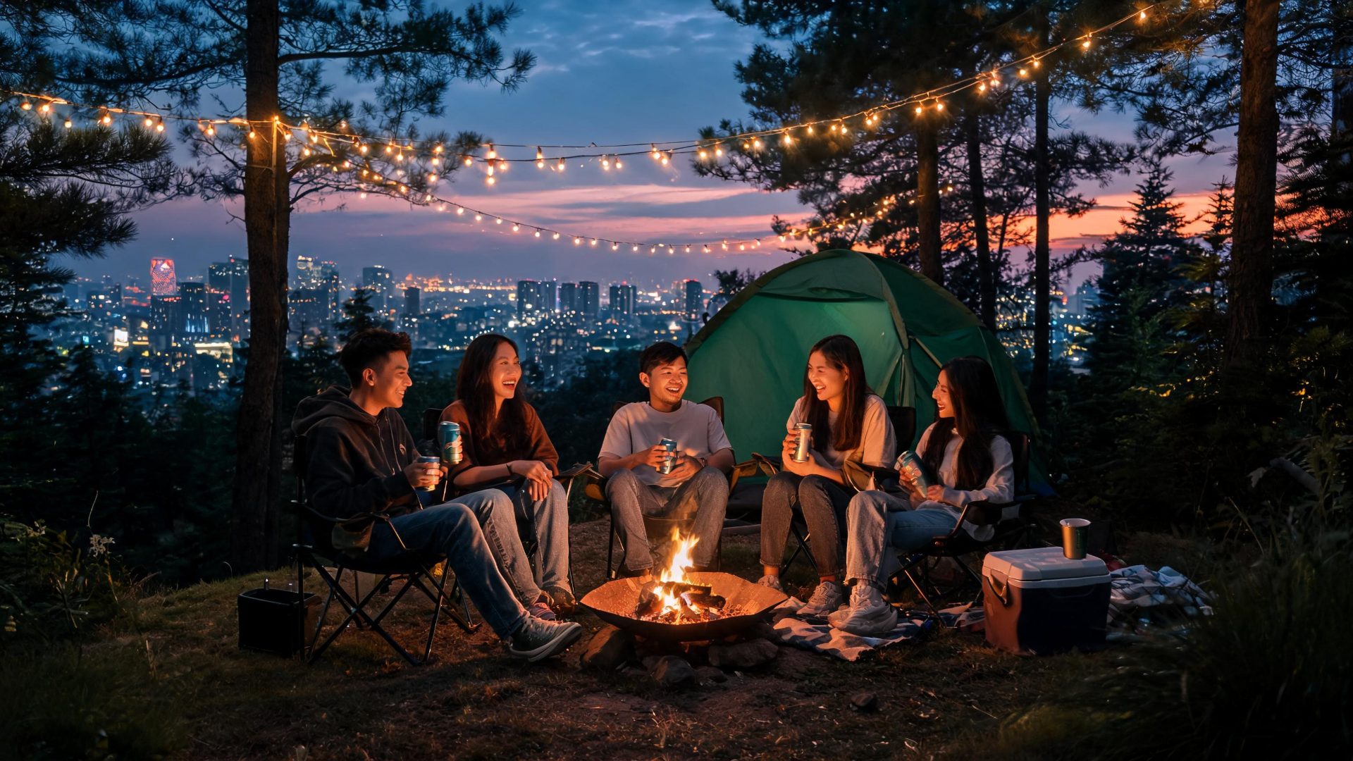 Nhóm bạn camping cuối tuần gần Sài Gòn với đèn dây trang trí buổi tối