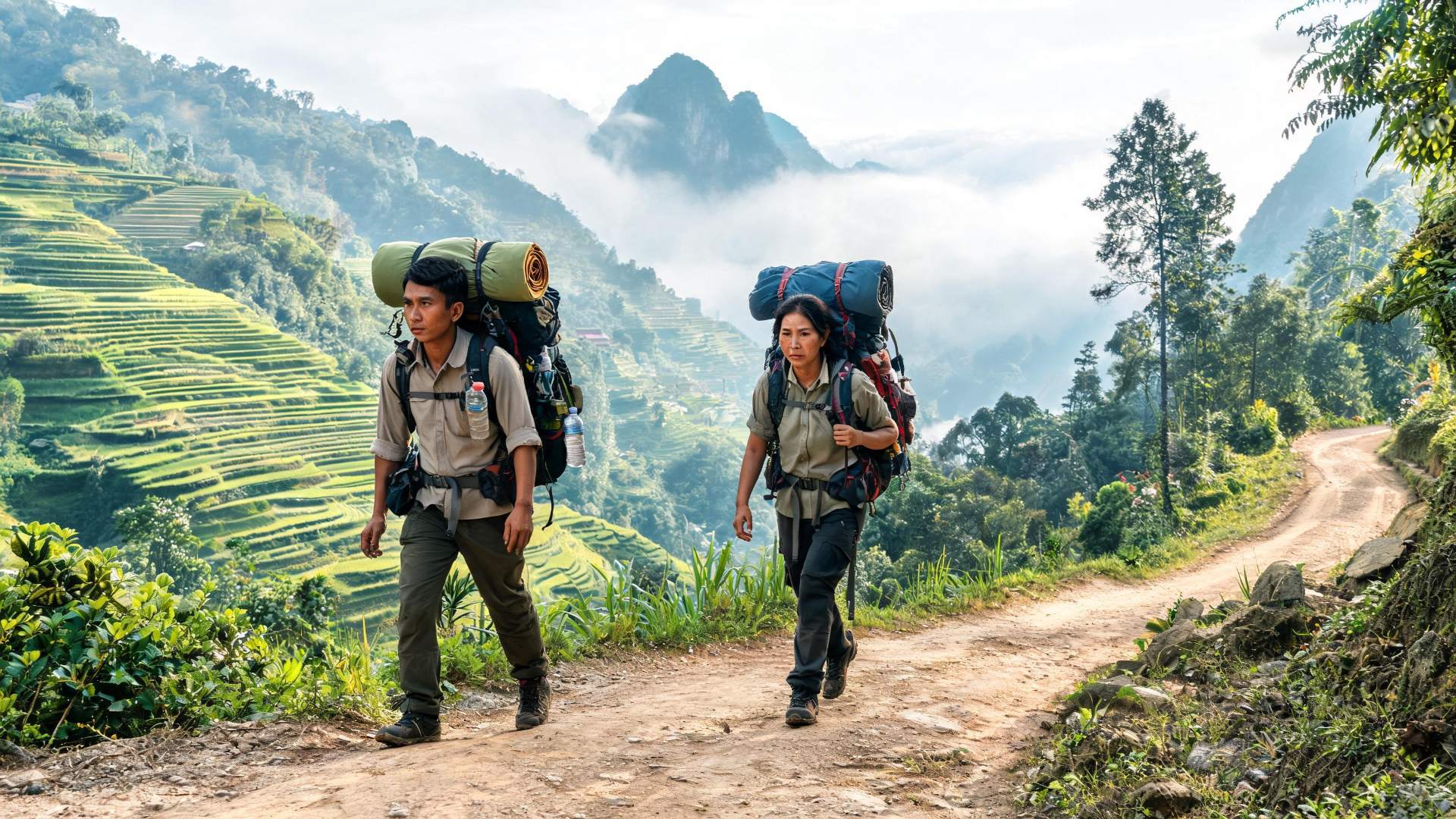 Trekker Việt Nam đeo balo nặng trên đường mòn đi bộ đường dài