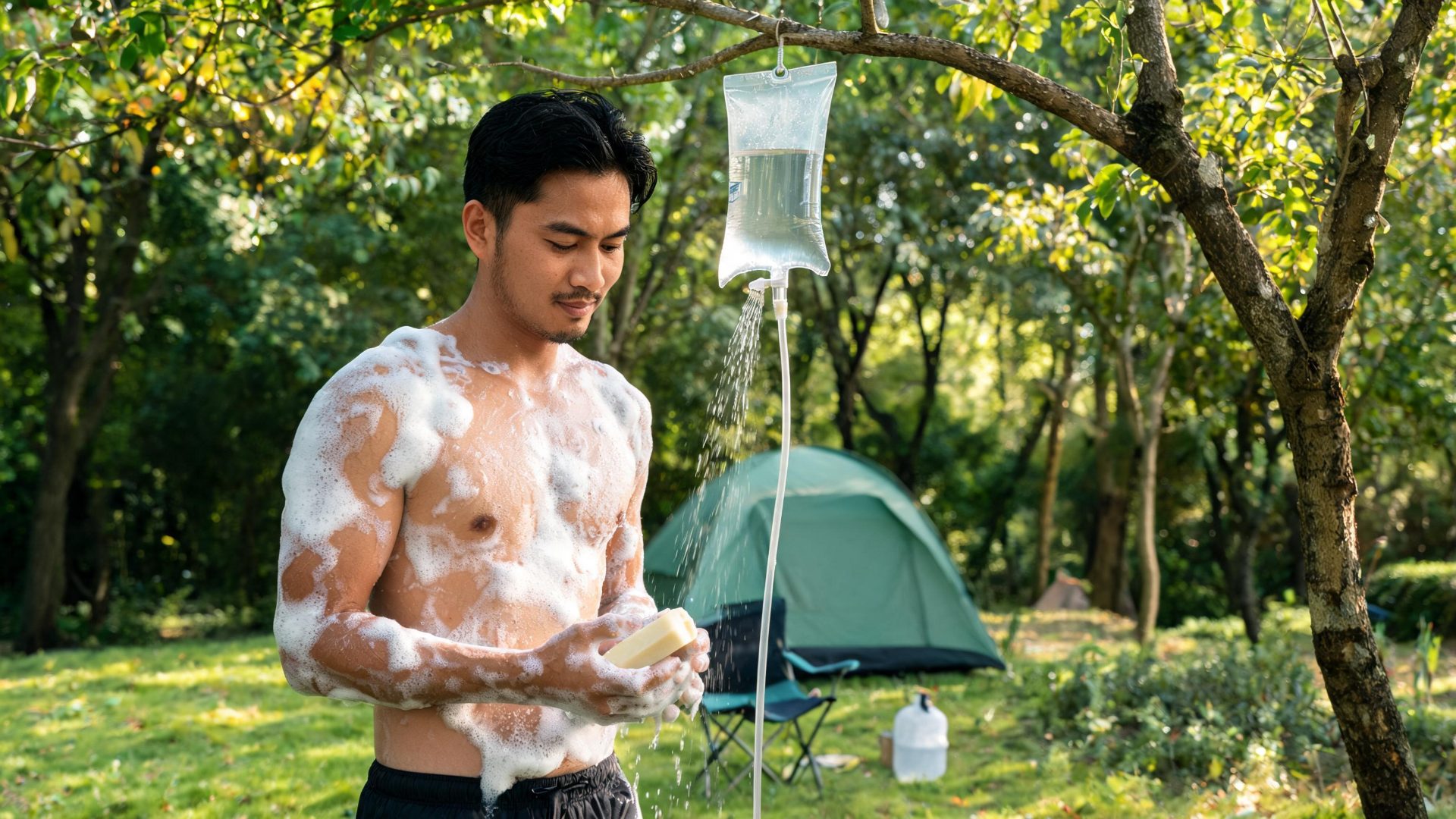 Tắm ngoài trời bằng túi tắm di động khi cắm trại, thân thiện môi trường
