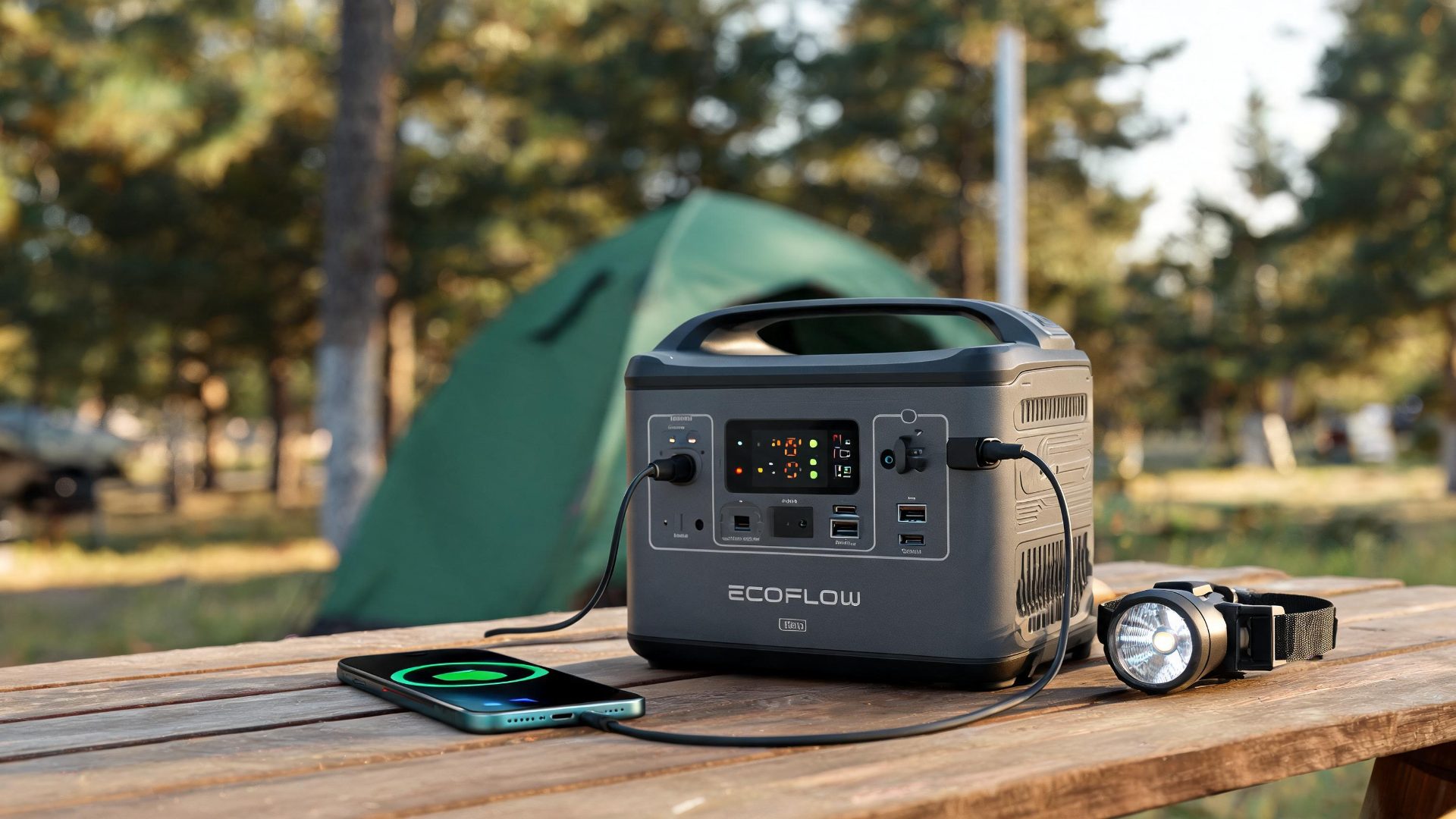 Trạm điện EcoFlow River 2 sạc thiết bị tại campsite