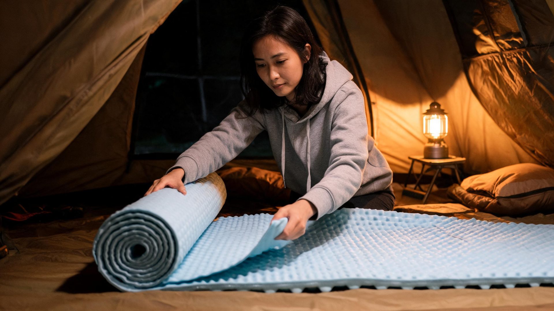 Nệm camping trải trong lều buổi tối, thoải mái ấm áp