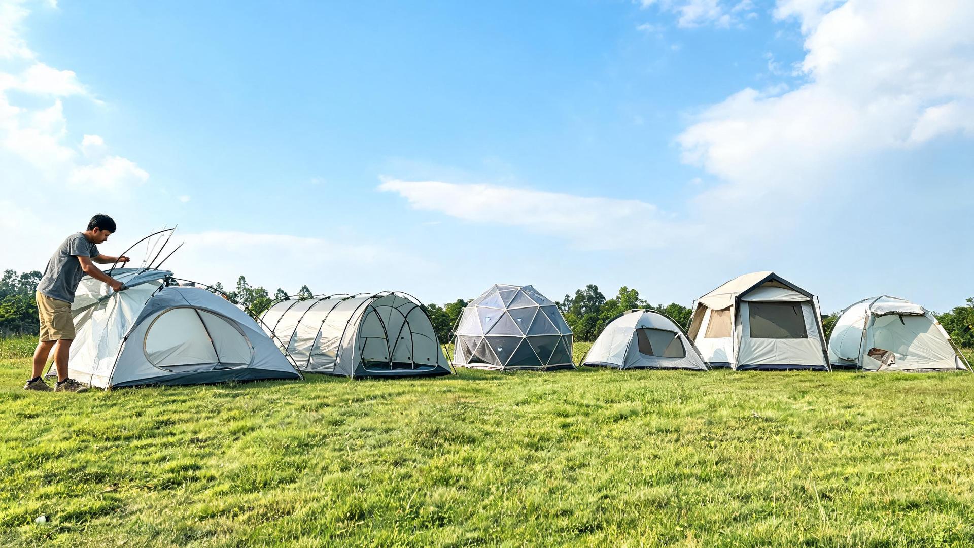 Các kiểu lều cắm trại: dome, tunnel, geodesic đặt cạnh nhau so sánh