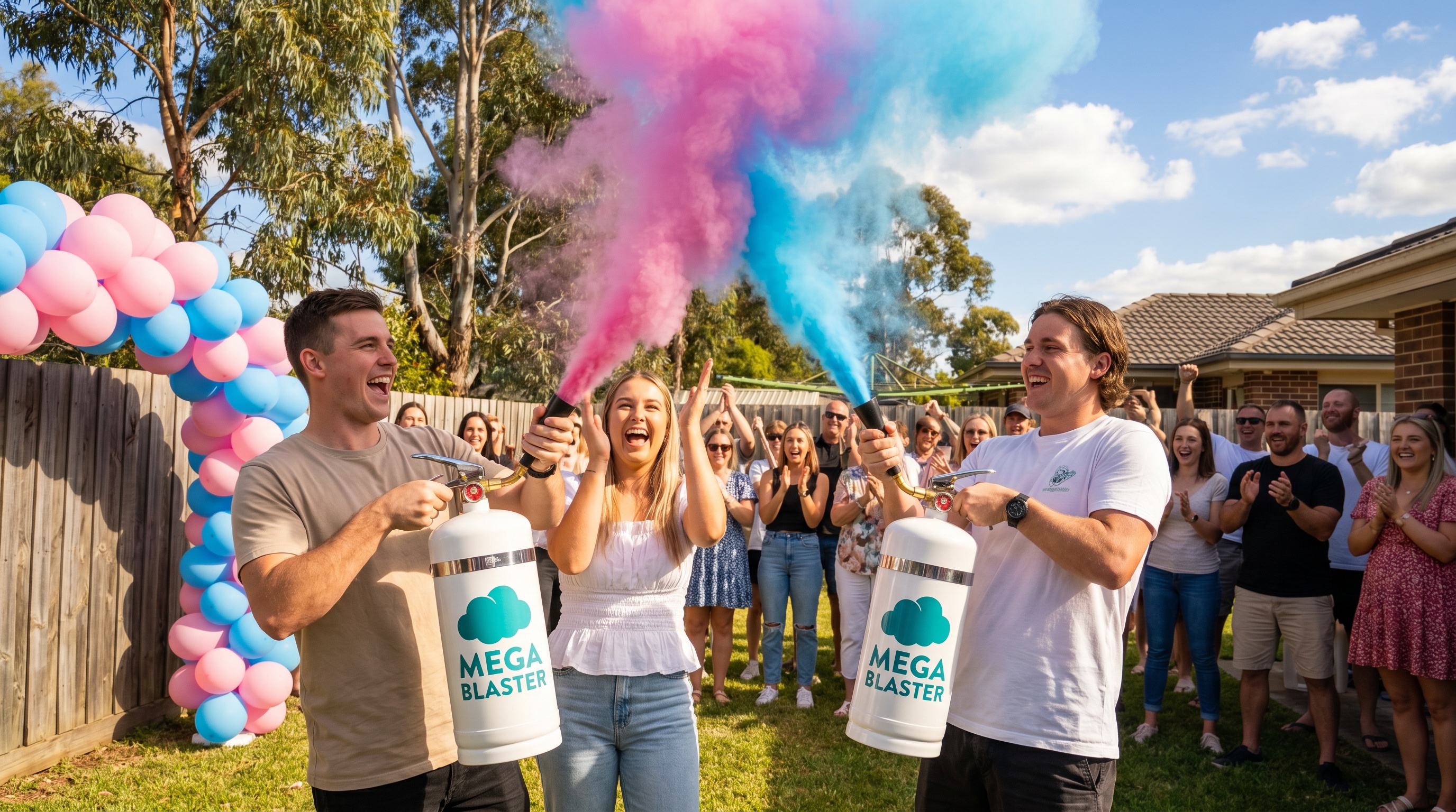 Outdoor gender reveal ideas Australia couple in sunny backyard with pink and blue powder cloud